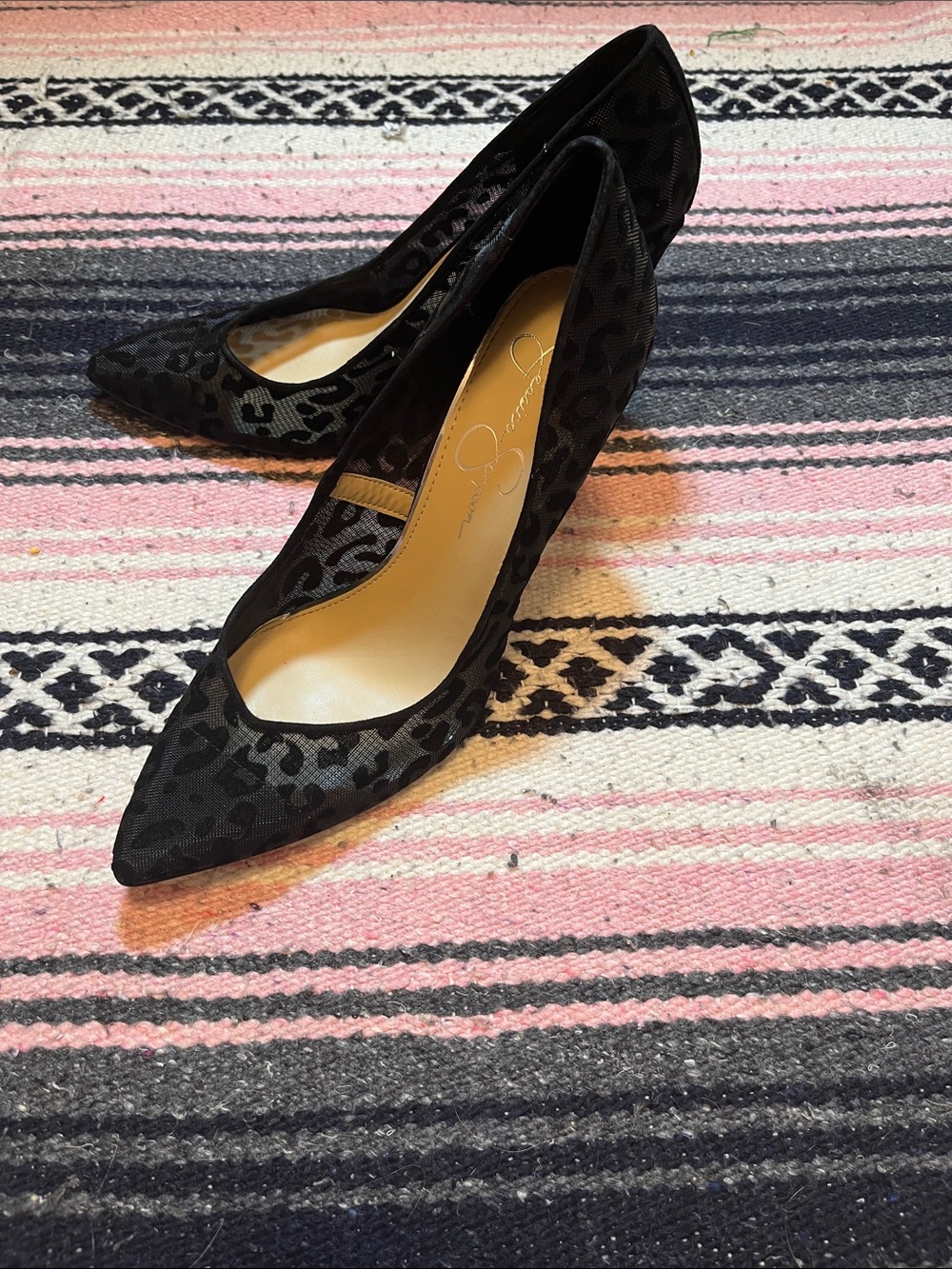 Jessica Simpson Black Leopard Mesh Pointed Toe Pumps